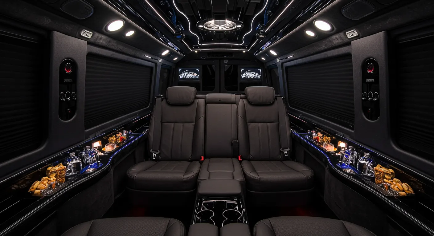 Luxury limousine interior with premium amenities