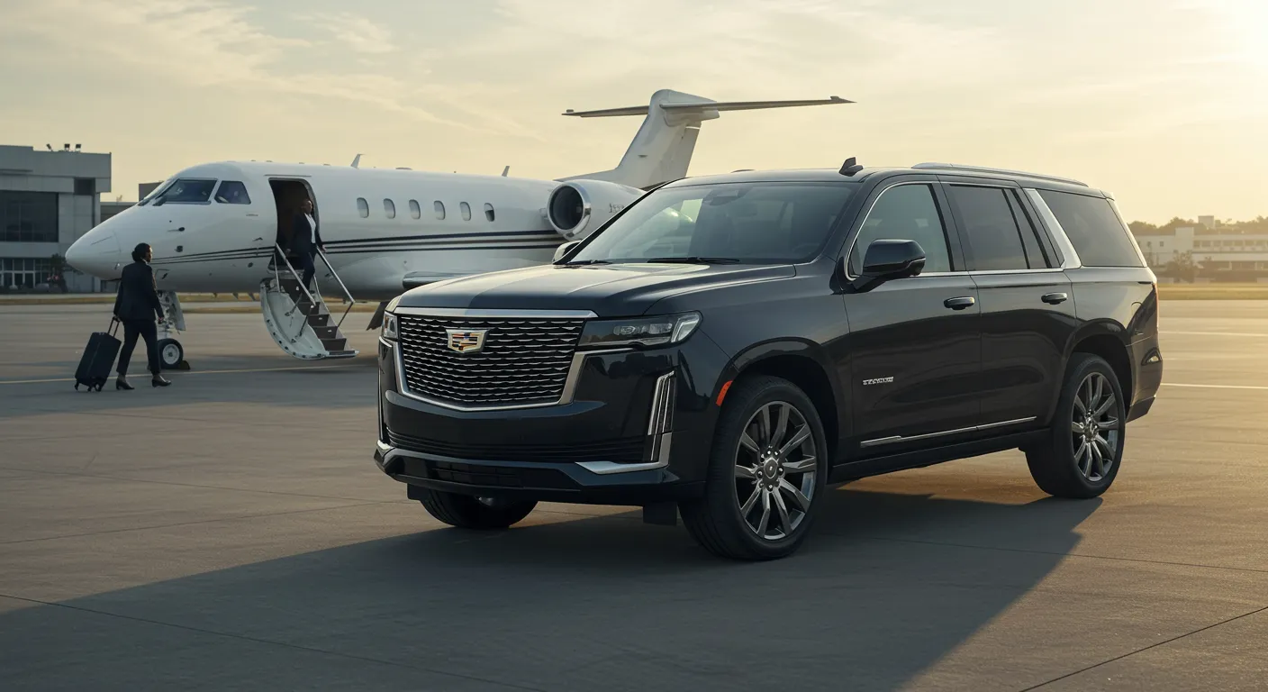 Luxury Cadillac Escalade at airport with private jet - Premium airport transportation